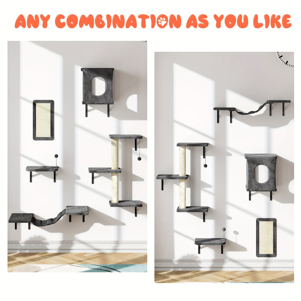 5-Piece Cat Wall Shelves Set with House, Bridge Hammock, Scratching Post and Pad, Wall-Mounted Indoor Climbing Furniture in Grey or Beige