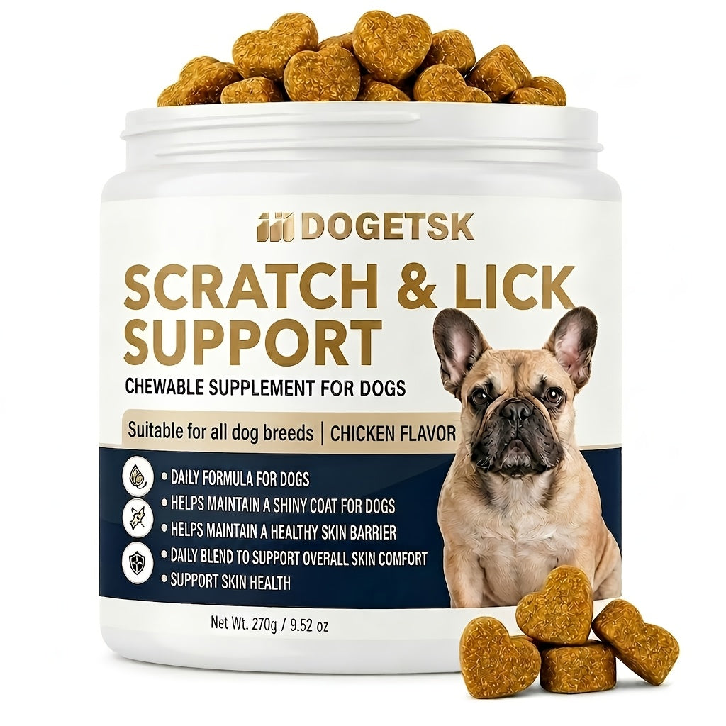 Dog Skin Comfort Soft Chews, Chicken Flavor 200 Count Chewable Supplement with Scratch and Lick Support Labeling for Daily Canine Care