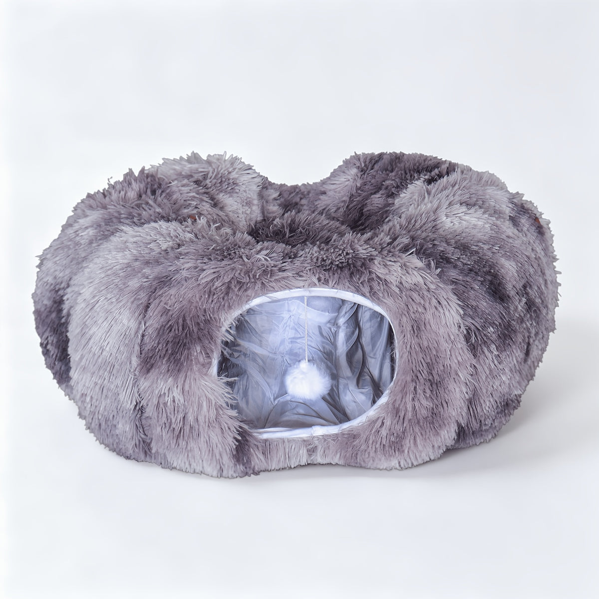 Plush Cat Tunnel Bed for Indoor Cats, 2-in-1 Foldable Donut Hideaway with Removable Washable Mat and Hanging Toy Ball, Four Color Options