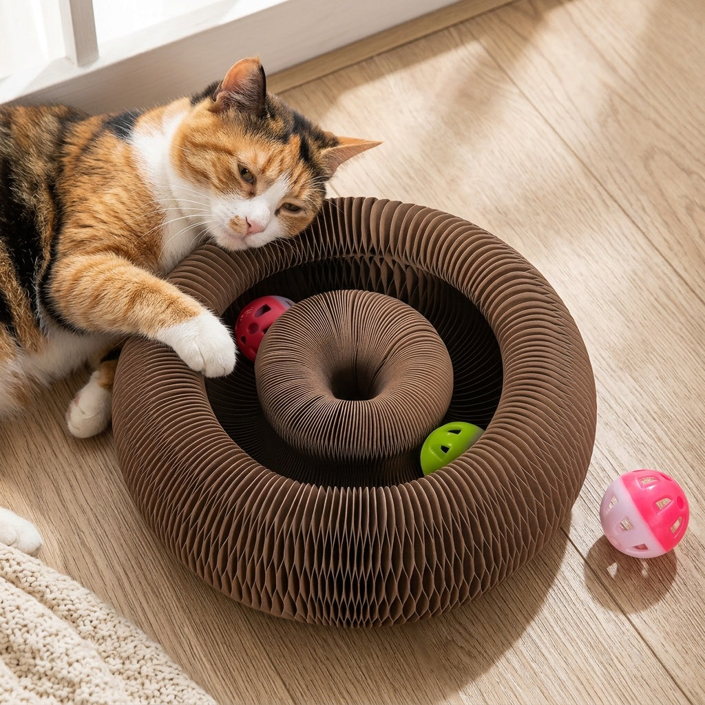 Flower Cat Scratcher Toy with Magnetic Accordion Design, Foldable Corrugated Cardboard Scratching Surface and Bell Ball for Indoor Cat Play