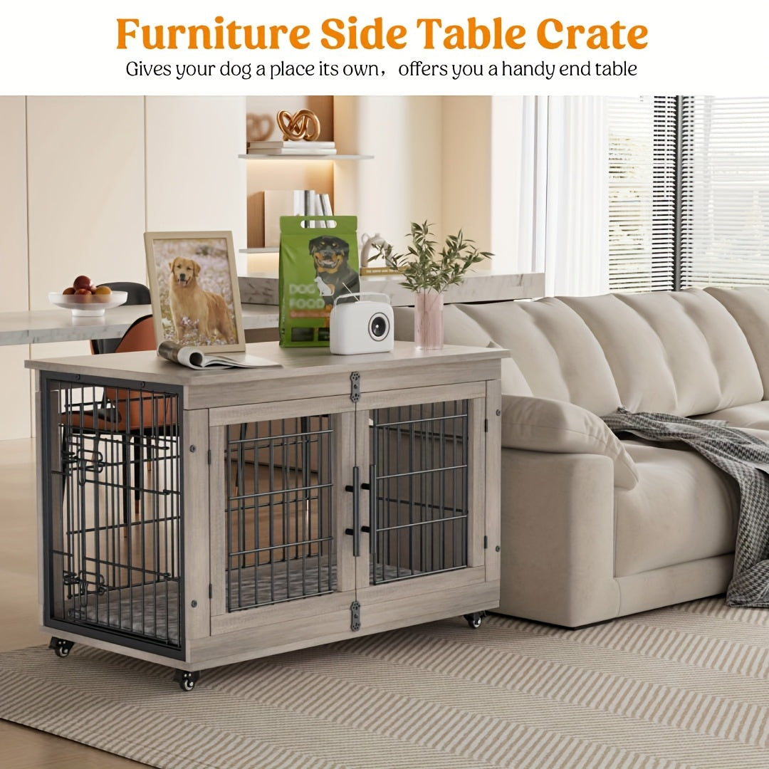 Wooden Dog Crate Furniture with Cushion Mat, 4 Sizes, Metal Bar Kennel End Table with Secure Lock, Reversible Side Door, Wheels or Anti-Slip Feet, Gray or Brown for S to XL Dogs