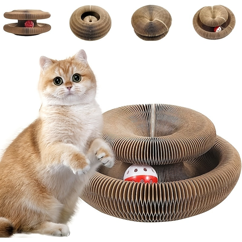 Flower Cat Scratcher Toy with Magnetic Accordion Design, Foldable Corrugated Cardboard Scratching Surface and Bell Ball for Indoor Cat Play
