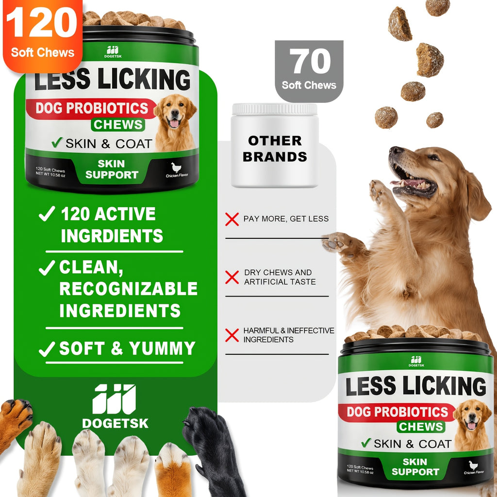 Dog Probiotic Chews Chicken Flavor, 120 Soft Chews per Container with Skin and Coat Care Labeling, Canine Supplement in 1 or 2 Unit Options