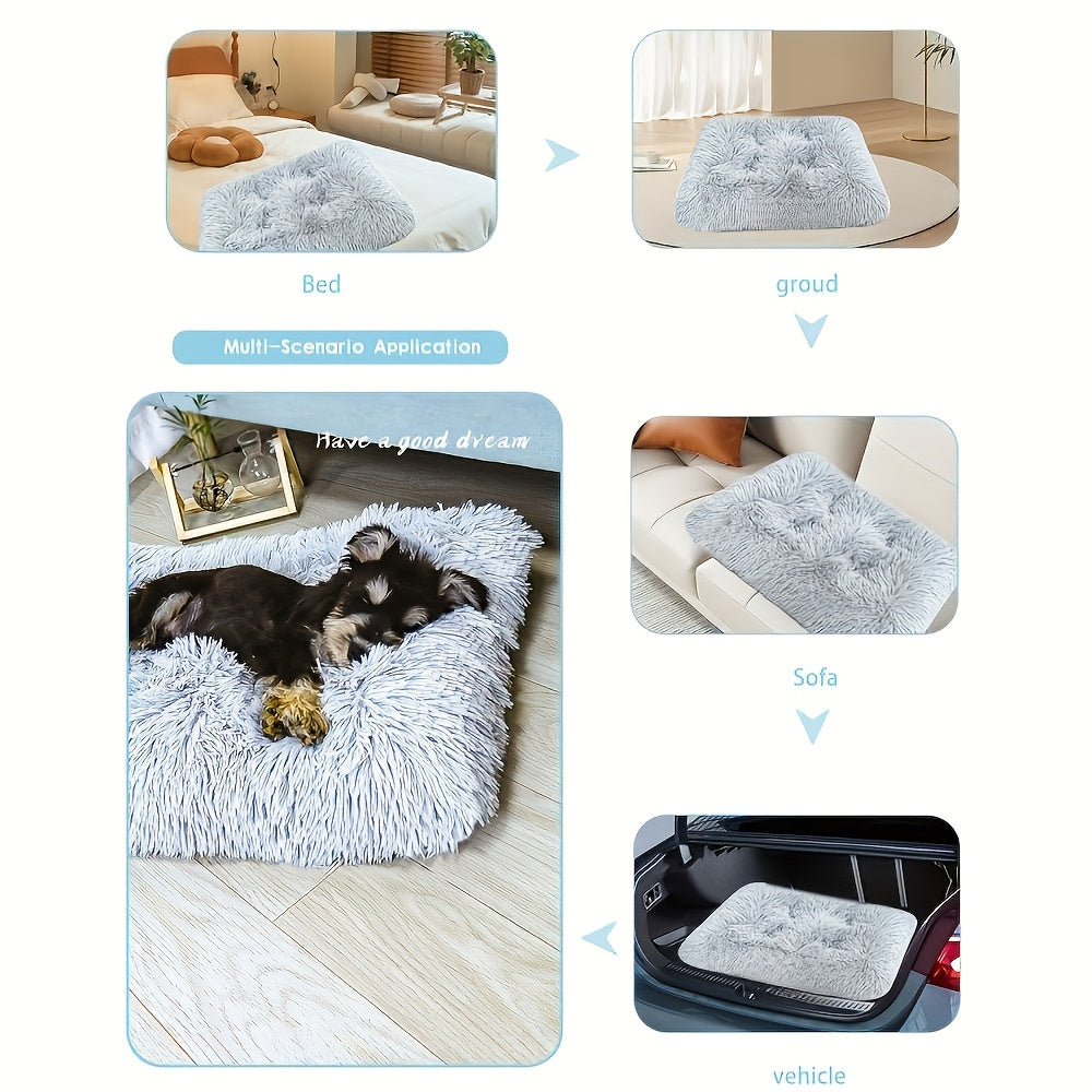 Plush Dog Bed Mat in Light Gray, Washable Polyester Cat Sleeping Pad with Fluffy Rectangular Cushion for Cozy Indoor Rest, S L XL Sizes