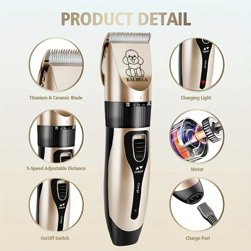 Electric Pet Clippers for Dogs and Cats, Rechargeable Low-Noise Hair Trimmer for At-Home Grooming with Three Gold Grooming Set Options