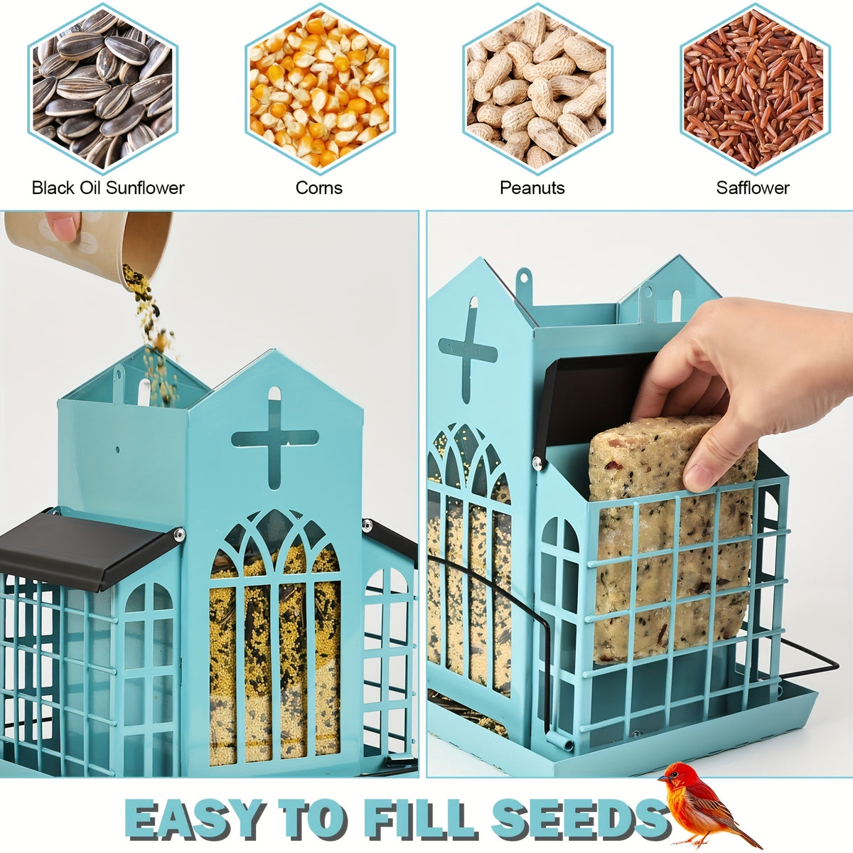 Vintage Metal Bird Feeder for Outside, Triple Mesh Seed Feeding Areas with Hanging Chains and Decorative Window Cut-Outs for Backyard Birdwatching