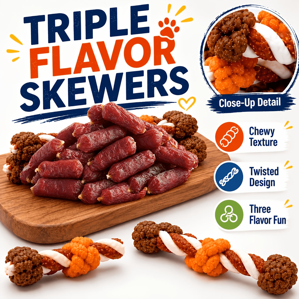 Triple Flavor Dog Chew Skewers with Chicken, Duck and Beef Options, Chicken Bone and Dumbbell Treat Selections for Supervised Snack Time