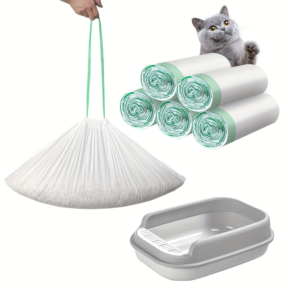 Jumbo Cat Litter Liners with Drawstring, 35.4 x 17.7 Inch Extra-Thick Litter Pan Bags in 30, 40 or 50 Count Rolls for Home Cleanup Routines