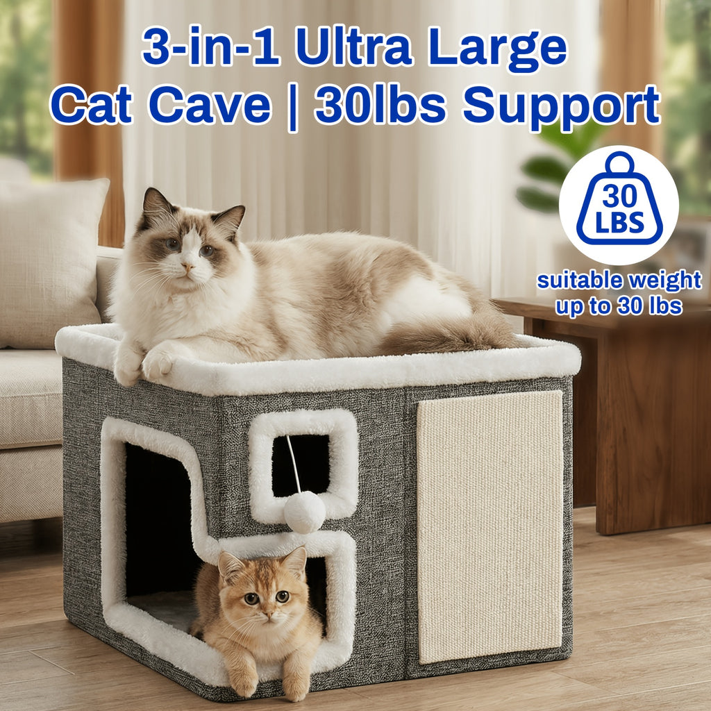 Cat House with Scratching Box, Large Light Gray 3-in-1 Indoor Cat Condo Cube with Wooden Structure and Ottoman-Style Hideaway for Sleep and Play