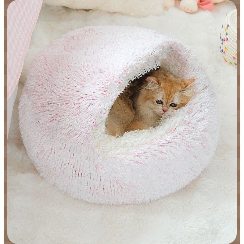Plush Cat Cave Bed with Shell-Shaped Semi-Enclosed Design, 15.75 Inch Long Plush Pet Nest for Cozy Indoor Rest in Three Color Options