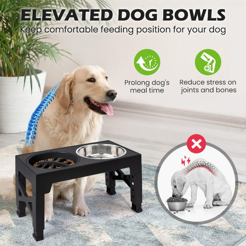Adjustable Raised Dog Bowl Set with 5 Height Settings, 2 Stainless Steel Bowls and 1 Slow Feeder for Small to Large Dogs, Black or Gray