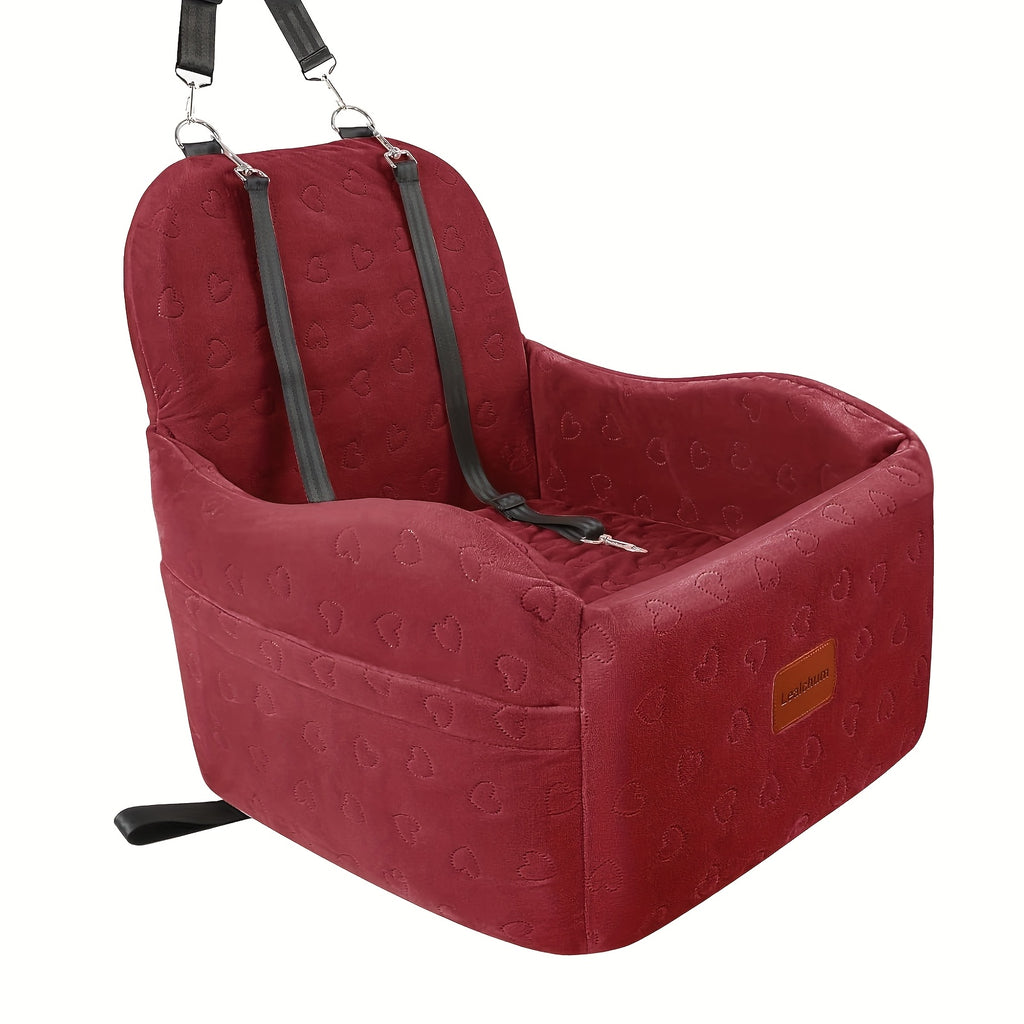 Plush Dog Car Seat with Memory Foam Cushion, Cozy Pet Travel Seat for Dogs and Cats with Side Storage Pockets and 3 Clip-On Leashes