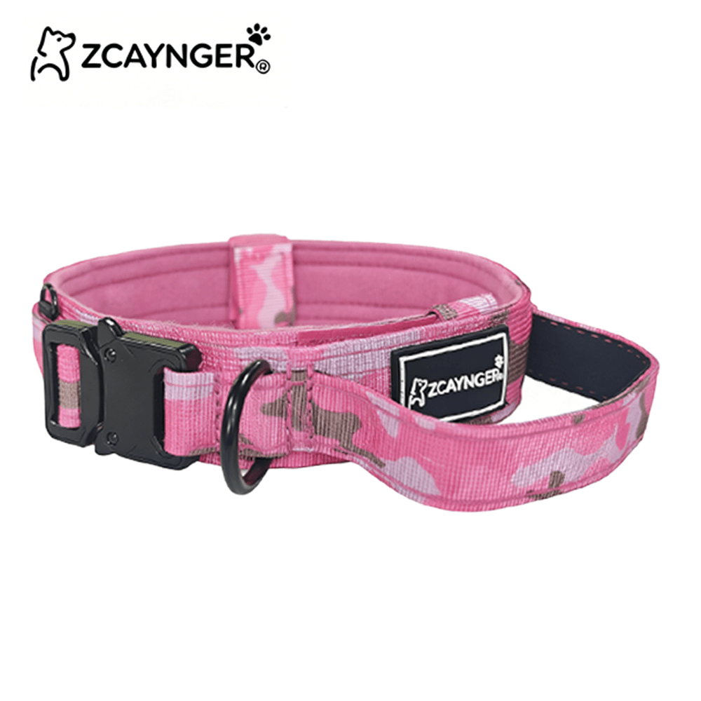 Tactical Dog Collar with Padded Lining and Side Control Handle, Black or Pink Camouflage Buckle Collar for Medium and Large Dogs, M L XL, Walking and Training