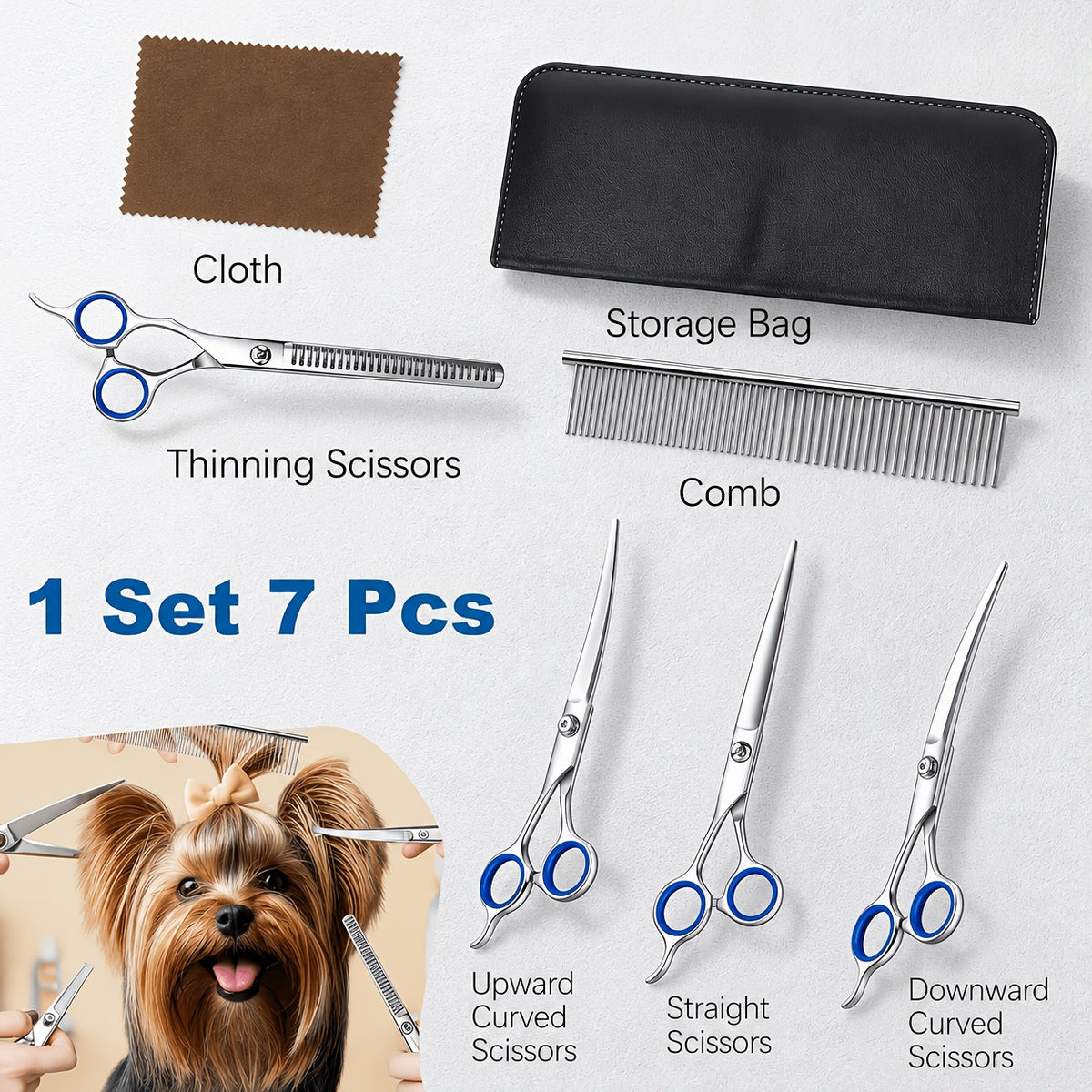 Pet Grooming Shears Kit, 7-Piece Titanium-Plated Stainless Steel Scissors Set with Rounded Tips, Straight, Curved and Thinning Tools for Dogs and Cats