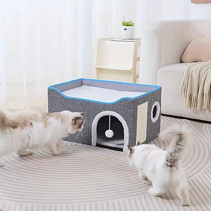 Foldable Cat House with Double-Layer Enclosed Bed and Sisal Scratching Feature, Grey Indoor Cat Hideaway with Multiple Openings for Small Spaces