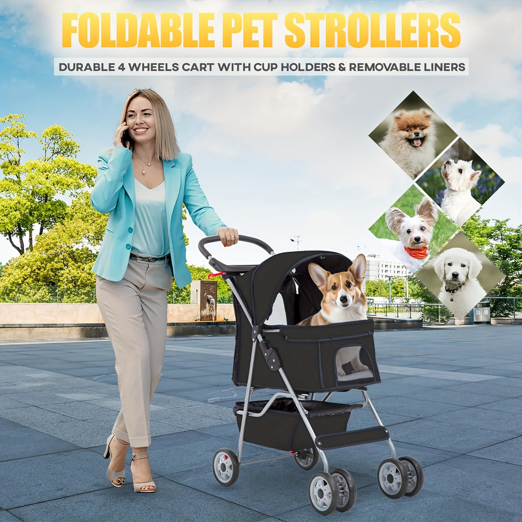 Pet Stroller with Four-Wheel Layout, Folding Frame and Mesh Canopy, Dog and Cat Pushchair with Storage Basket, Cup Holder and Removable Liner
