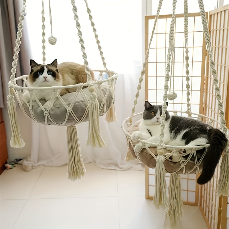Rope Cat Hammock Hand-Woven Hanging Basket Bed for Indoor Resting, Round Pet Swing Nest in 15.75 or 11.81 Inch Diameter for Lounging