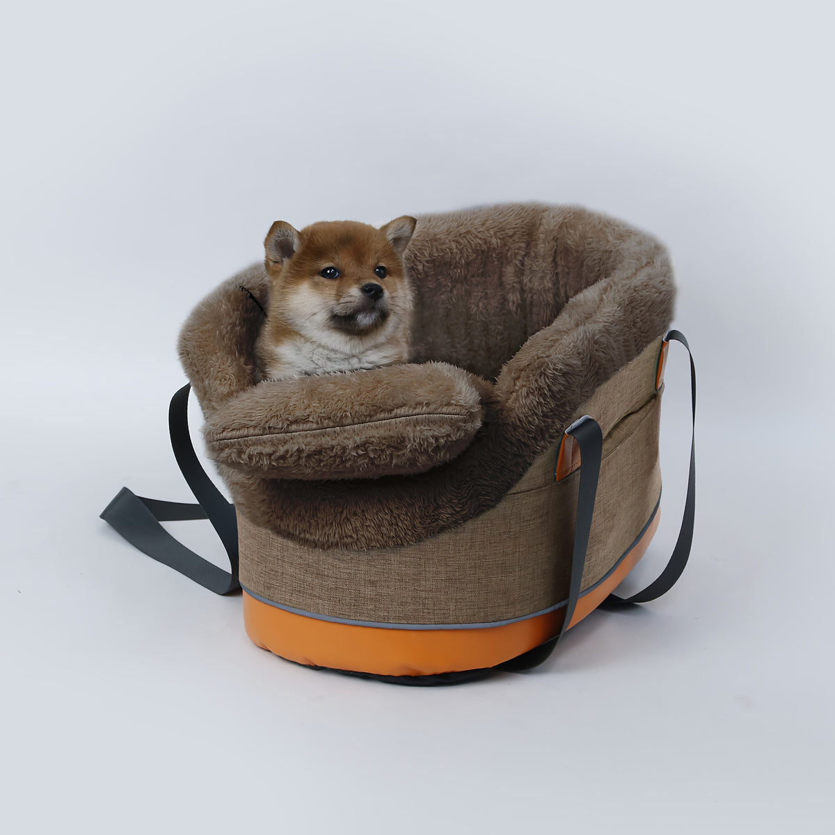 Center Console Dog Car Seat for Small Dogs and Cats up to 10 lbs, Plush-Lined Armrest Pet Travel Bag with Carry Straps, Khaki or Dark Gray