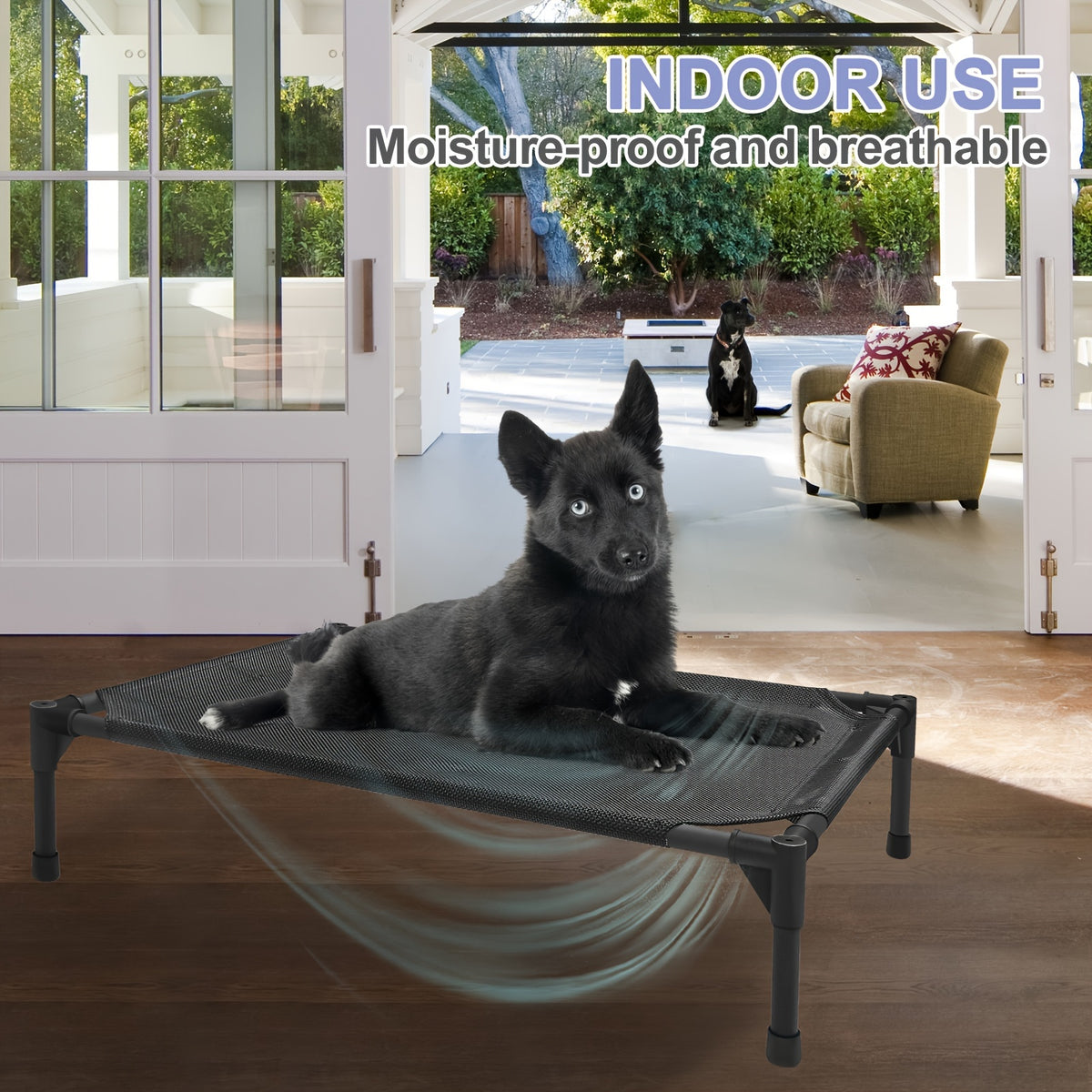 Elevated Dog Bed for Large Dogs, Cooling Outdoor Dog Cot with Breathable Mesh, Tool-Free Assembly Washable Raised Pet Bed with Anti-Slip Feet for Indoor and Outdoor Use, Portable Camping Cot for Summer