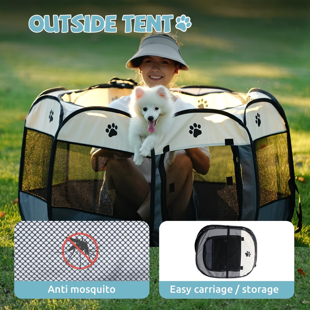 Folding Pet Playpen for Dogs and Cats, Octagonal Oxford Cloth Enclosure with Mesh Windows and Paw Print Panels for Supervised Indoor and Outdoor Use