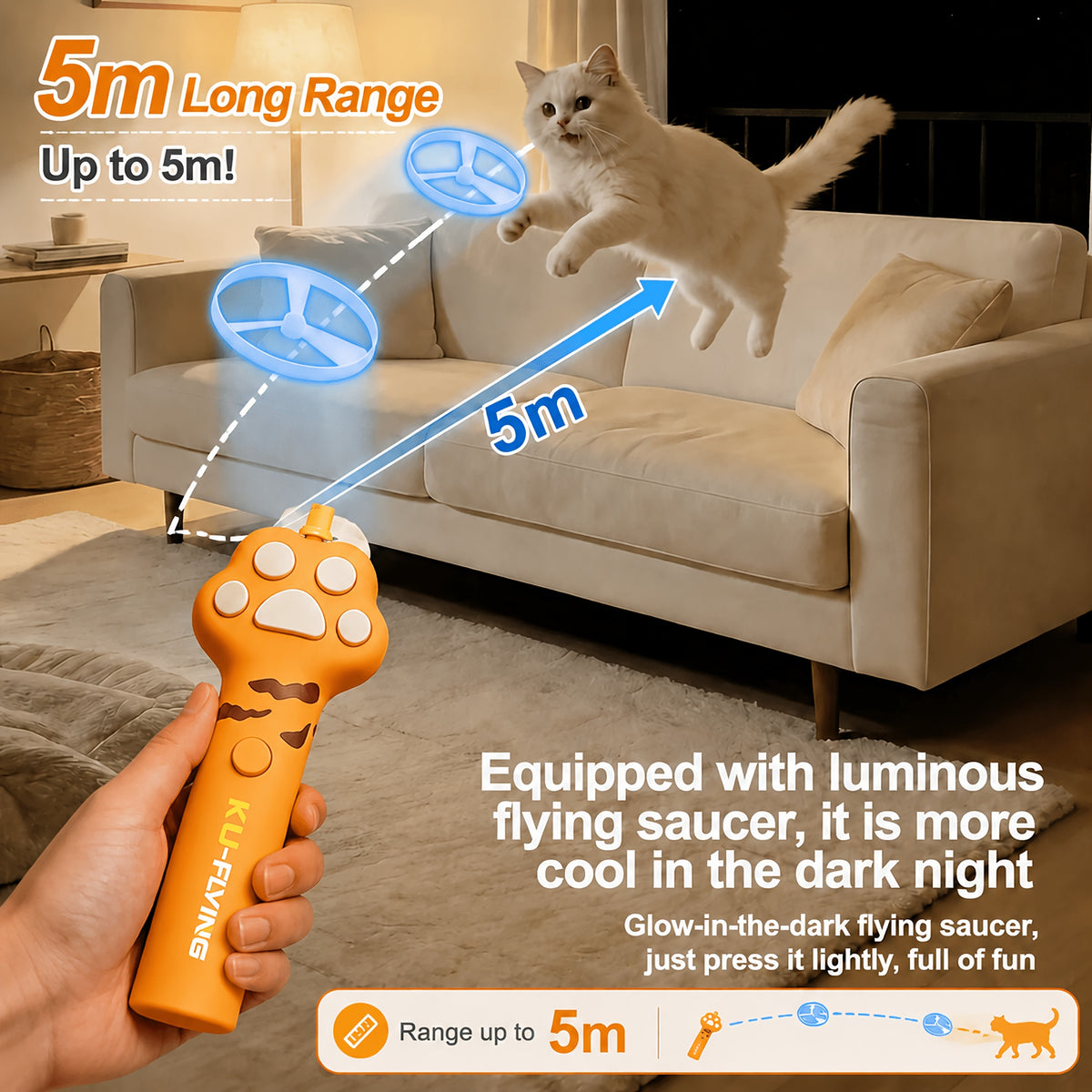 UFO Flying Disc Cat Toy with 7 Flying Saucers, Electric Interactive Cat Wand for Supervised Kitten Chase Games and Indoor or Outdoor Play