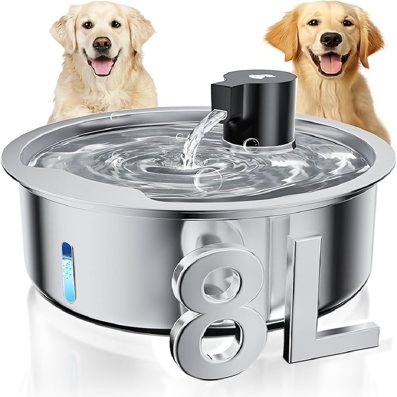 Pet Water Fountain 8L with Water Level Window, Silvery Stainless Steel Drinking Dispenser for Dogs and Cats with Selected Filter Bundle Options