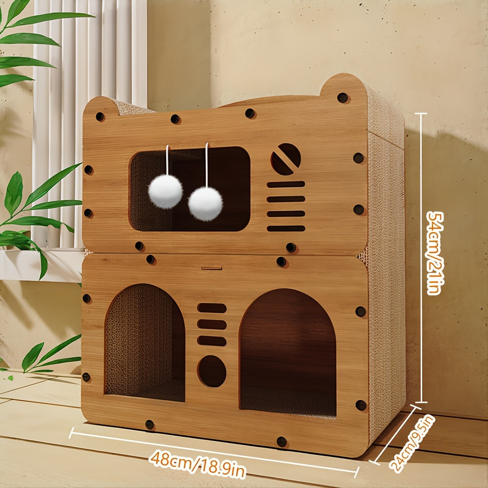 Three-Level Cat House with Dual Scratching Boards, Plush Balls and Ventilation Doors, Multi-Feature Cat Condo for Resting, Scratching and Play