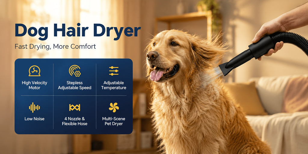 Dog Blow Dryer 2000W with Adjustable Speed and Temperature, Pet Grooming Hair Dryer with 4 Nozzles and Extendable Hose in Four Colors