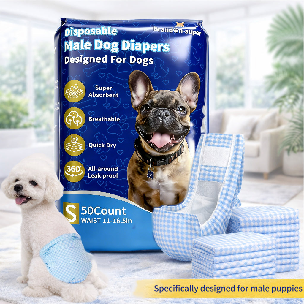 Disposable Dog Diapers 50-Count Bag, Male Wrap and Female Diaper Style Options in XS S M L for Supervised Indoor Accident Management and Pet Hygiene