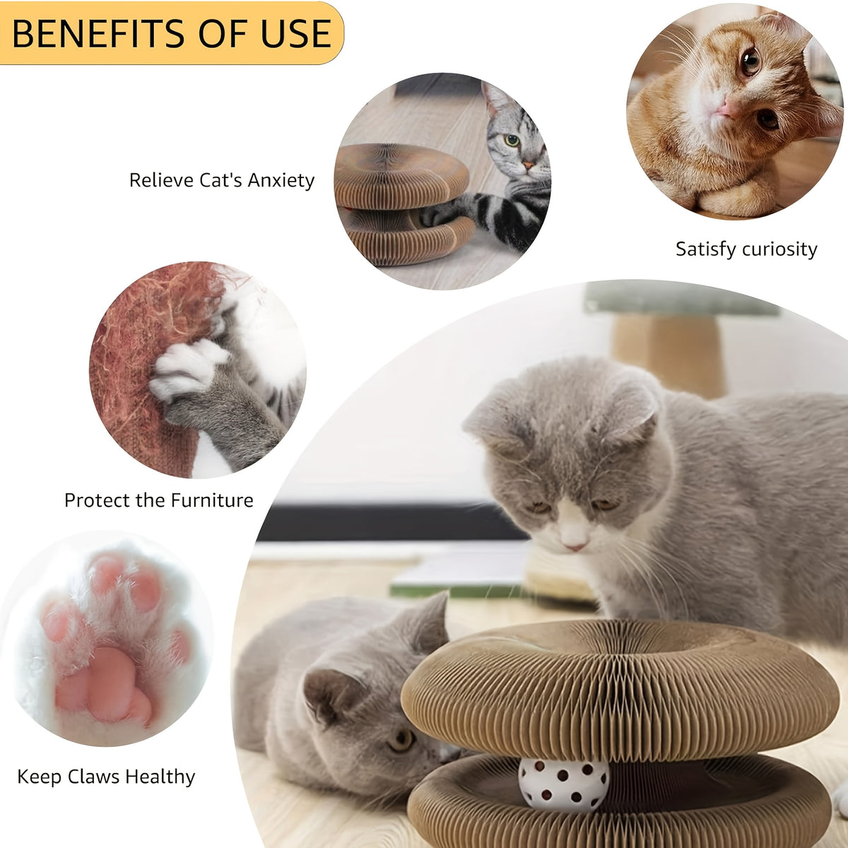 Expandable Cat Scratcher Toy 2-Pack, Curly Corrugated Cardboard Scratching Board with Ball for Indoor Cats, Retractable Scratch Pad for Daily Play