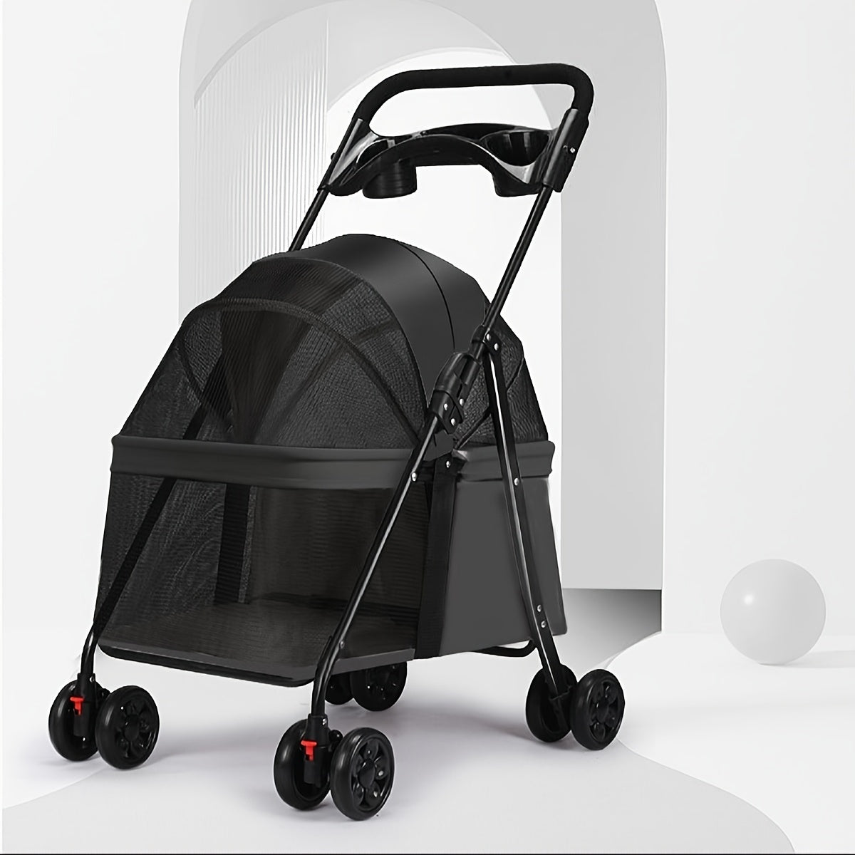 Four-Wheel Pet Stroller for Small Dogs and Cats, Foldable Metal Frame Pushchair with Ventilated Canopy, Ergonomic Handle and Storage Basket in Gray or Black