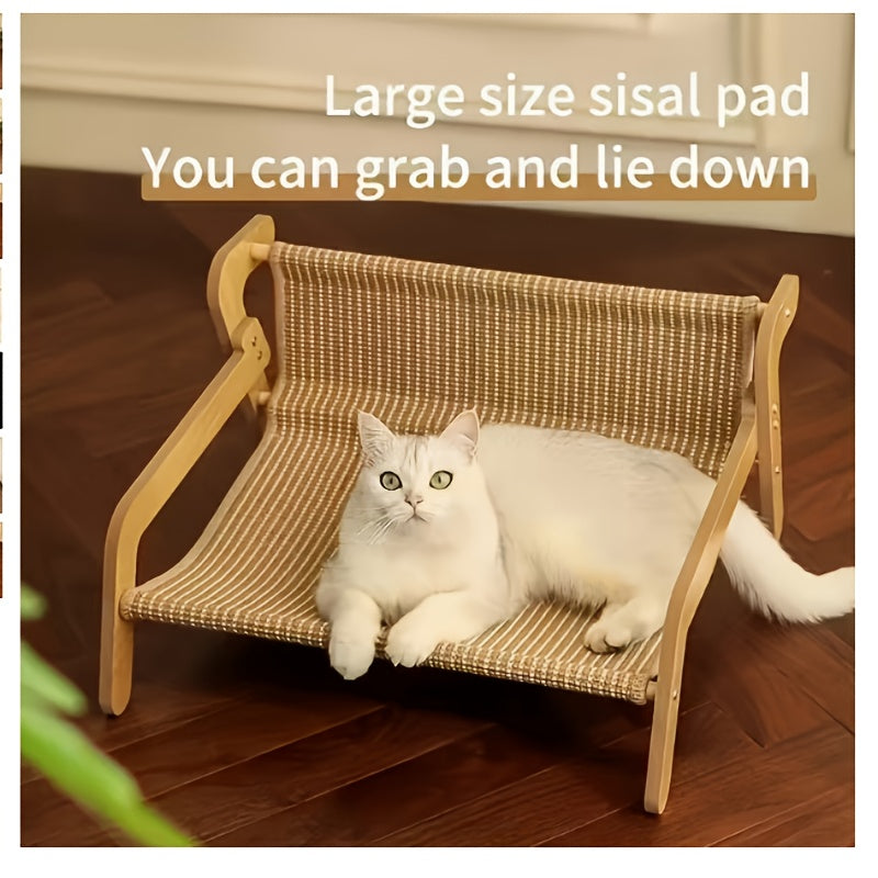 Cat Hammock and Scratching Post Combo with Solid Wood Frame and Built-In Resting Nest, 2-in-1 Indoor Cat Bed in Large 21.06 x 18.11 x 11.1 Inch Size