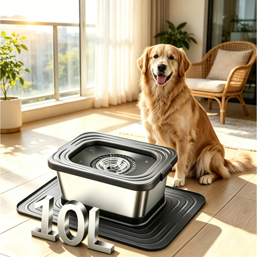 No Spill Dog Water Bowl, 2.64 Gallon Stainless Steel Slow Water Feeder with XXL Mat for Large Dogs and Multiple Pets, Non-Slip Indoor Outdoor Design