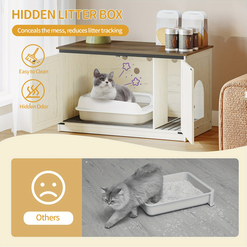 Hidden Litter Box Furniture with Barn Doors, Farmhouse Cat Cabinet with Reversible Entrance, Removable Divider and Ventilation Holes