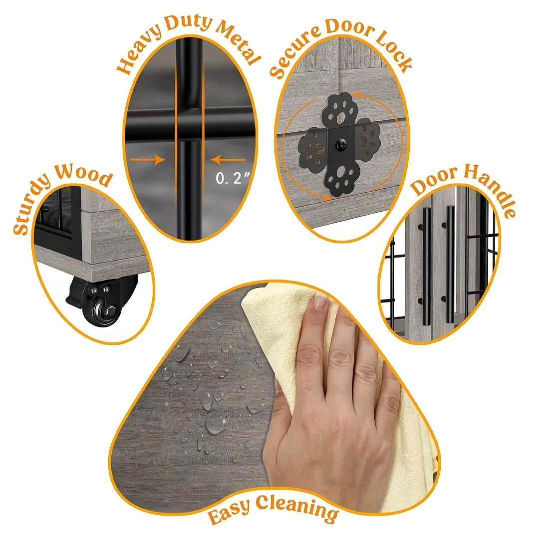 Wooden Dog Crate Furniture with Cushion Mat, 4 Sizes, Metal Bar Kennel End Table with Secure Lock, Reversible Side Door, Wheels or Anti-Slip Feet, Gray or Brown for S to XL Dogs