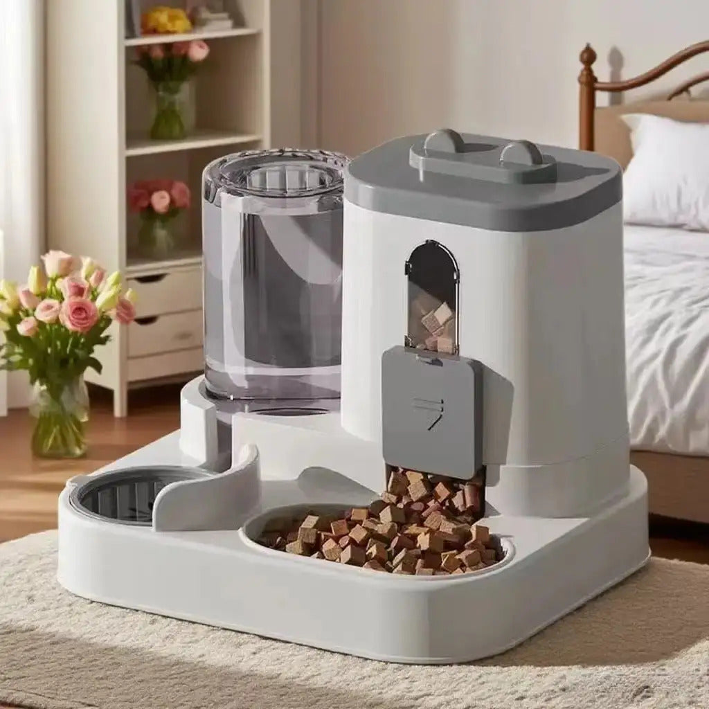 Pet Feeder and Water Dispenser Combo with Cat-Ear Lid, Visible Dry Food Window and Siphon Water Bottle for Cats and Small Dogs, Three Color Options