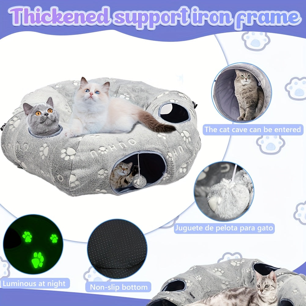 Cat Tunnel Toy Set with Tunnel Bed, Feather Toys, Balls and Fish Toys for Indoor Cats, Interactive Playtime and Cat Birthday Gifts