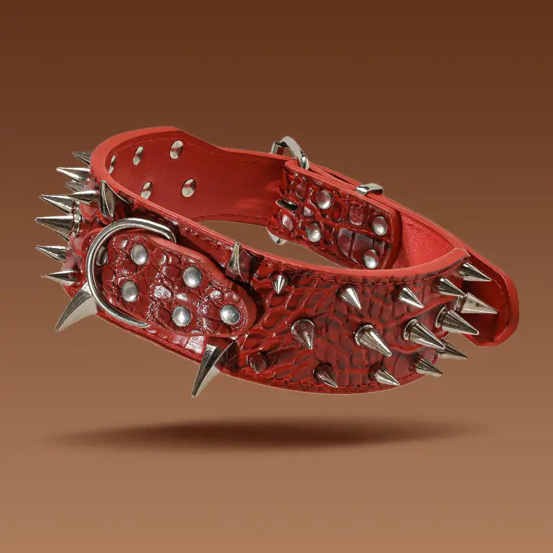 Spiked Dog Collar 2 Inch Wide with Adjustable Buckle, Leather-Like Statement Collar for Medium and Large Dogs, Four Colors in M to XXL Sizes