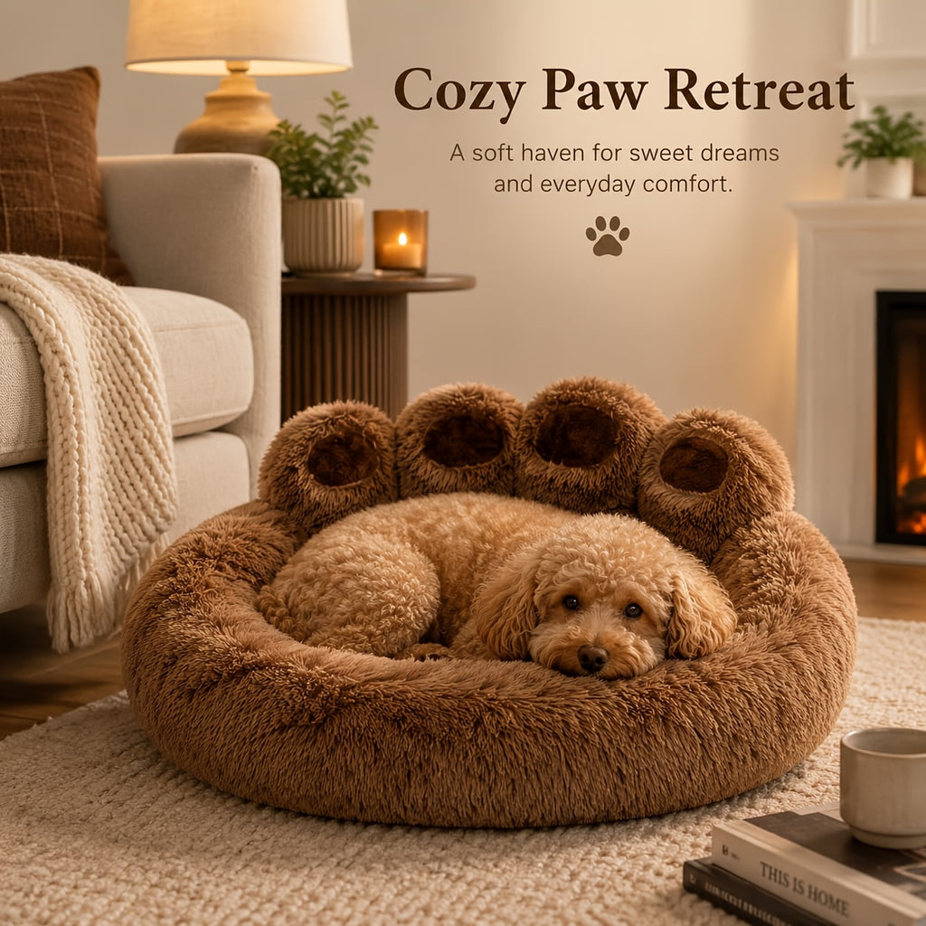 Bear Paw Pet Sofa Bed for Dogs and Cats, Soft Faux Plush Sleeping Nest with Raised Edges in Pink, Grey or Hazelnut, Four Sizes from 55 to 85 cm