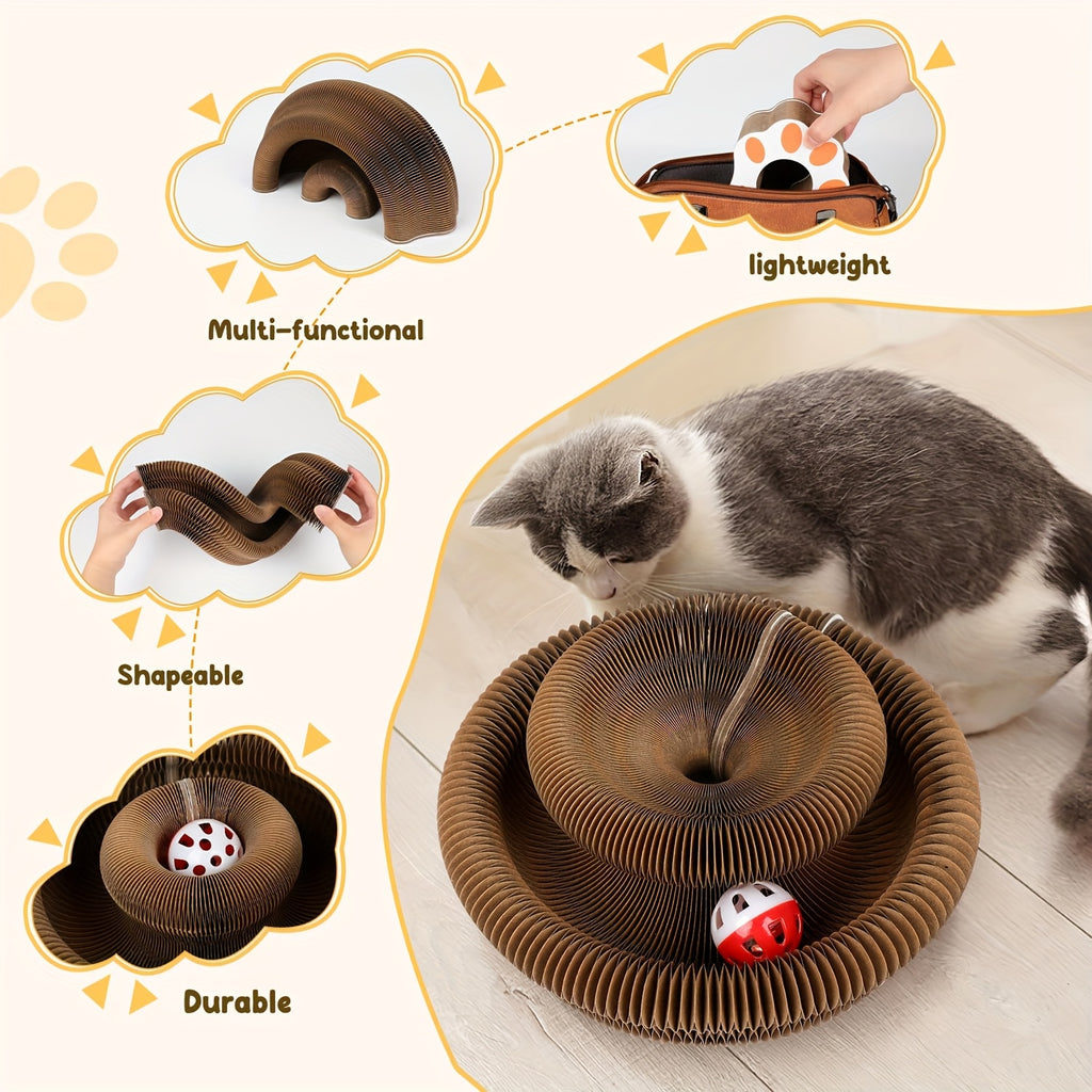 Accordion Cat Scratcher with Ball Track, Foldable Corrugated Cardboard Scratching Pad for Indoor Cats, Brown with Bell Bundle Option