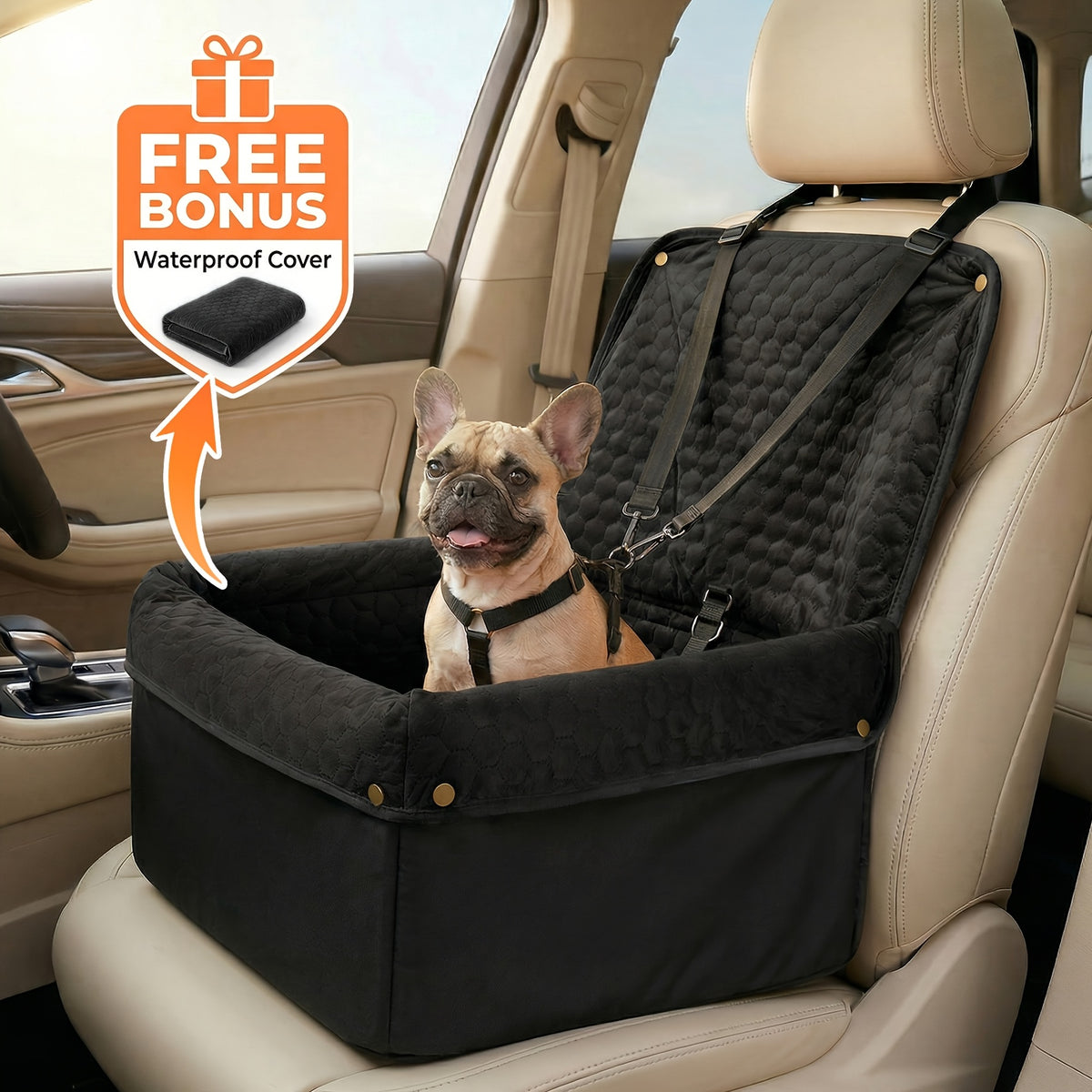 Memory Foam Dog Car Seat for Pets up to 35 lbs, Non-Slip Booster Travel Bed with Removable Waterproof Cover, Adjustable Straps and Storage Pocket