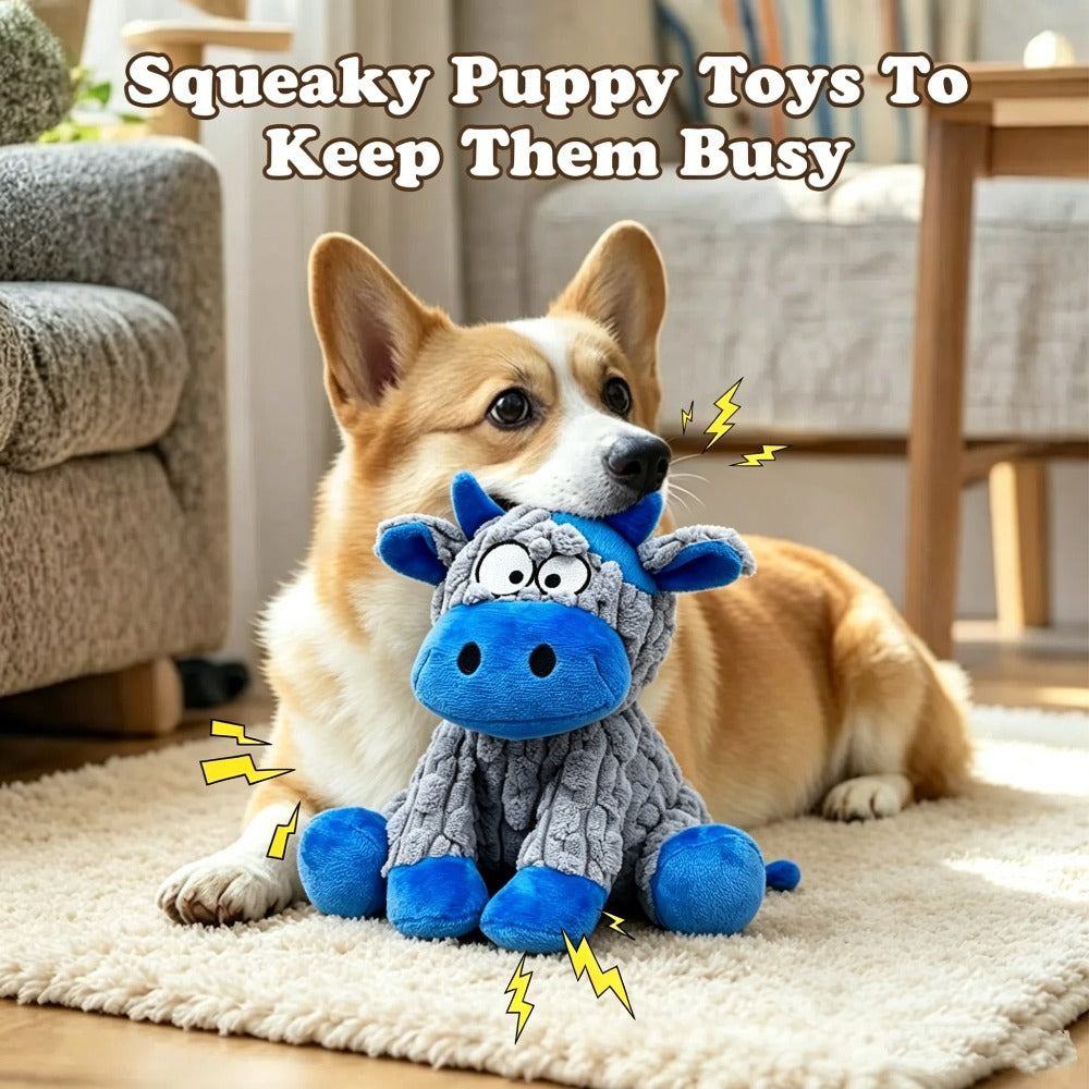 Squeaky Cow Dog Toy in Blue and Gray, Battery-Free Plush Puppy Toy for Small and Medium Dogs, Supervised Gentle Tug and Interactive Play