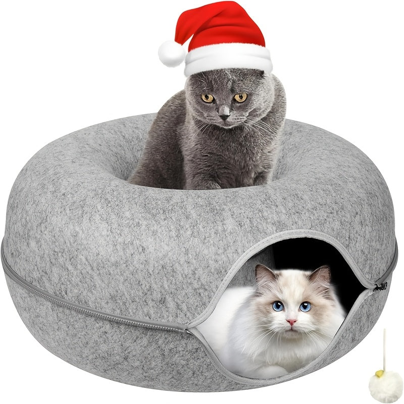 Donut Cat Tunnel Bed for Indoor Cats, Round Hideaway Nest with Pom-Pom Toys, 20 or 24 Inch Cat Cave in Light Gray or Dark Gray
