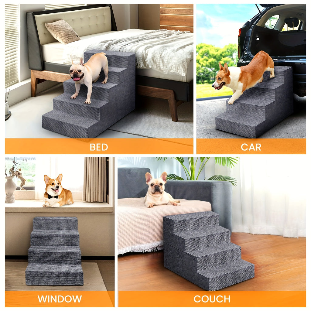 High Density Foam Dog Stairs, Gray 4-Step Pet Steps with Non-Slip Bottom for Small Dogs and Cats to Access Beds, Couches and Sofas