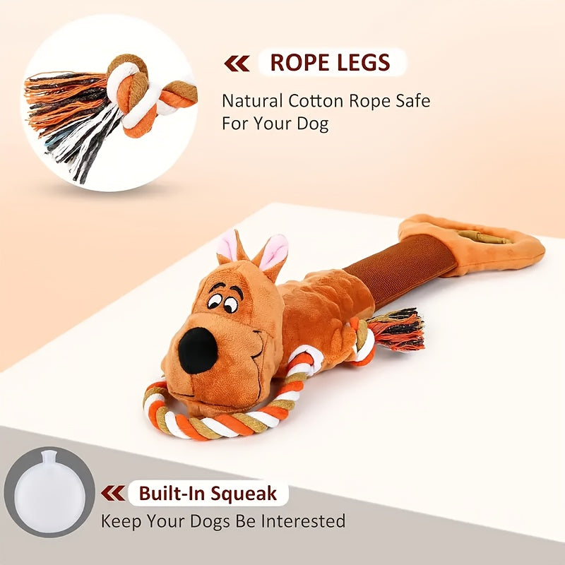 Plush Tug Dog Toy with Crinkle Paper and Squeaker, Soft Rope-Body Animal Toy for Supervised Gentle Play, Bear, Dinosaur, Monkey or Hippo Styles
