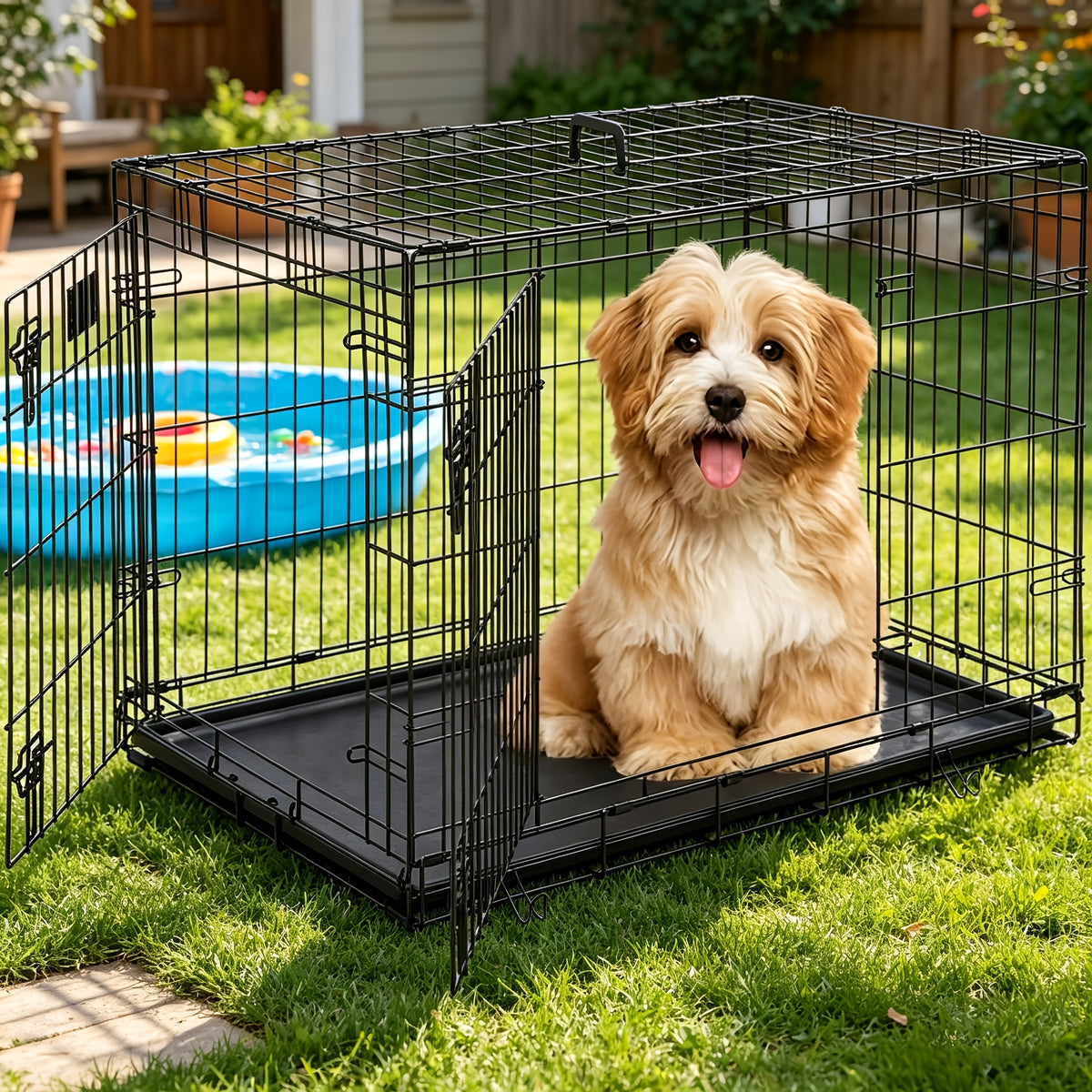 Foldable Dog Crate with Divider Panel, Metal Wire Pet Kennel with Plastic Pan in 18, 24, 30 or 36 Inch Length Options, Black, Blue and Pink Styles