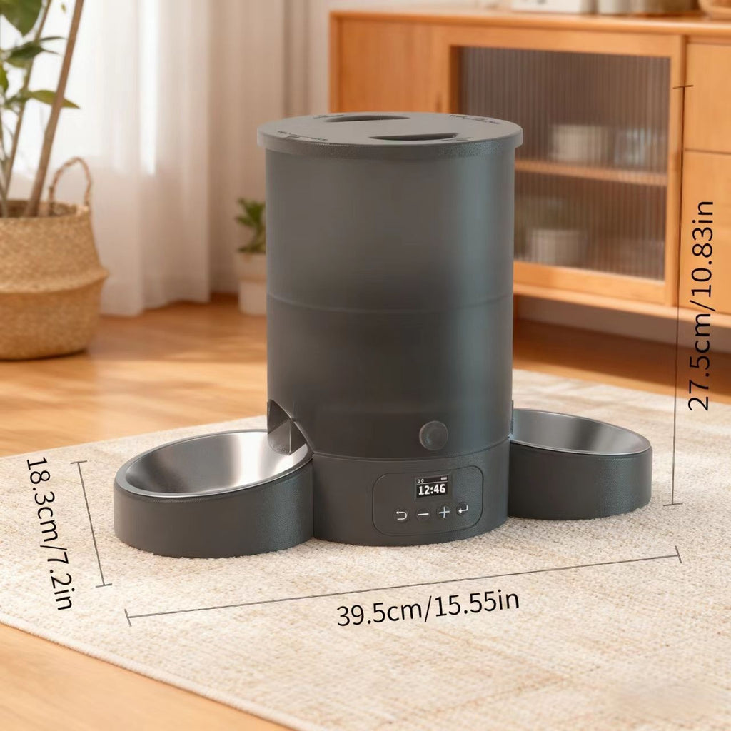 Timed Automatic Cat Feeder with 2 Stainless Steel Bowls, 101.44oz Button-Control Food Dispenser, 1-10 Feedings and Dual Power for Multi-Pet Homes