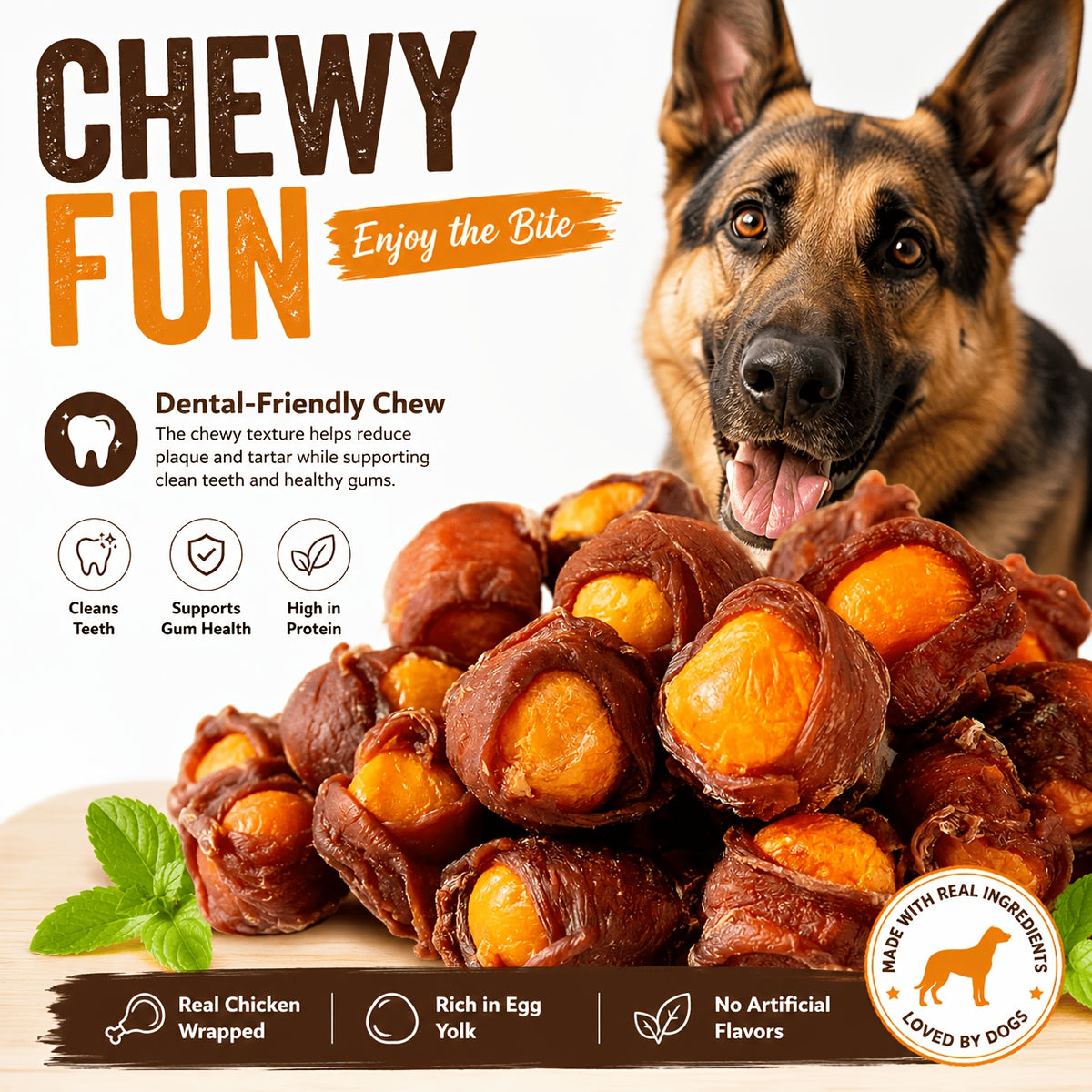Meat Wrapped Egg Yolk Dog Treats, Chicken or Duck Flavor Chewy Reward Bites in 115g, 255g and 510g Options for Supervised Training and Snack Time