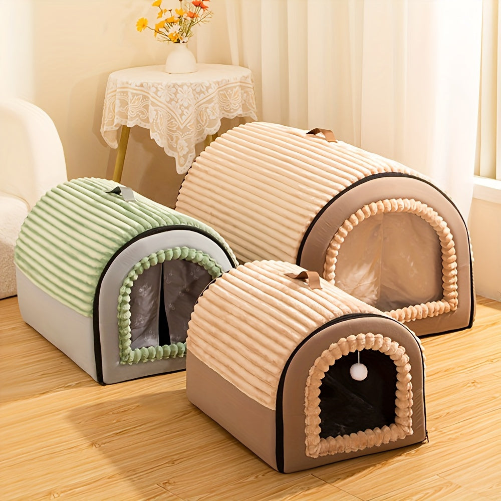 Foldable Indoor Dog House with Lid and Handle, 2-in-1 Brown Pet Tent Cave Bed with Soft Anti-Slip Washable Cushion for Dogs and Cats