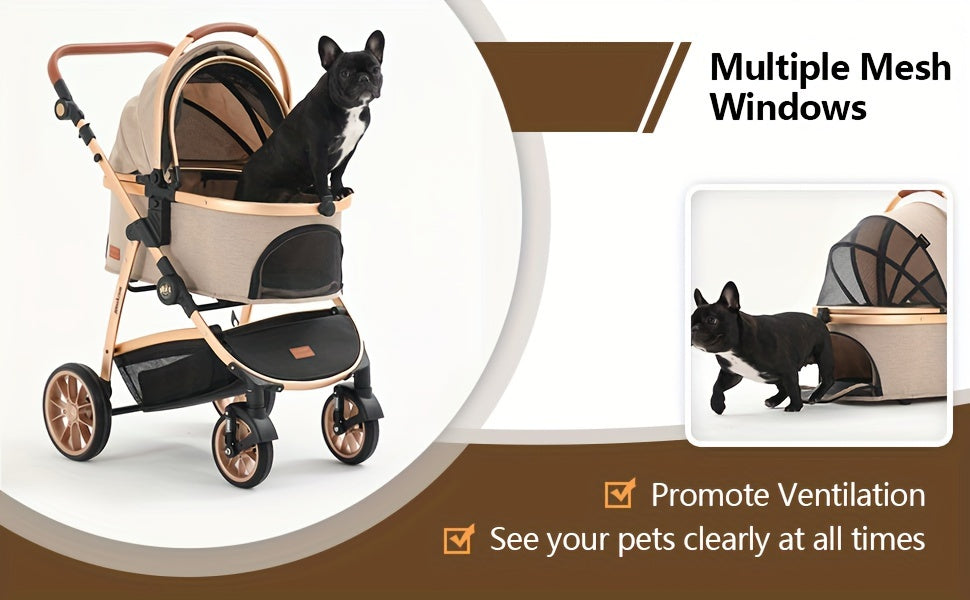 Dog Stroller with Detachable Carrier, Foldable Aluminum Pet Pushchair with No-Zip Entry, Rubber Wheels and Washable Liner for Small Dogs and Cats